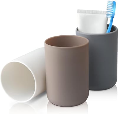 Tandenborstelbeker Set van 3 - Kunststof Levensmiddelenkwaliteit - Onbreekbaar - Kleuren: Wit, Grijs, Bruin - Ideaal voor Badkamer