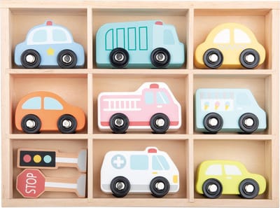 Lelin® Houten Voertuigenset 9 Delig – Houten Speelgoed met Auto’s en Voertuigen – Educatief Speelgoed – Vanaf 18 Maanden