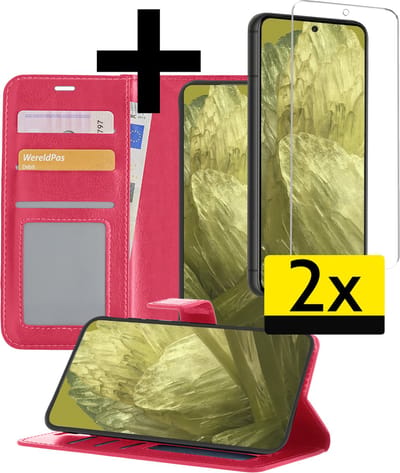 Hoesje - Met 2x Screenprotector - Geschikt voor Google Pixel 8a - Luxe Pasjeshouder - Bookcase Portemonee - Flip Case - Kunstleer Book Case - Flipcase Hoes - Book Cover - Walletcase - Portemonneehoes - Telefoonhoesjes - Donkerroze