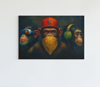 Canvas Schilderij - 3 Apen - Apentrots - Wanddecoratie - 60x40x2 cm