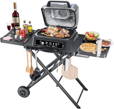 Draagbare Grillwagen voor Buiten met Wielen, Zijkanten en Papierenhouder - Geschikt voor Diverse Barbecues en Pizzaovens