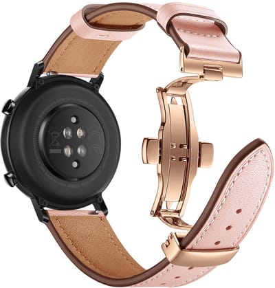 Stravo 20mm Luxe Leren Horlogeband – Geschikt voor Samsung Galaxy Watch 7 / 6 / 5 / 4 (Classic) – Echt Leer Leather Bandje met Roségouden Vlindersluiting – Voor Garmin Vivoactive 5 / 3, Forerunner 245, Venu SQ 2, Vivomove & Huawei - Roze