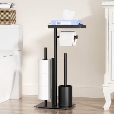 TIM® Toiletbutler - Toiletrolhouder - Multifunctionele Toiletbutlet - WC-Borstel - met Plank - Zwart - 25cm x 8cm x 3cm