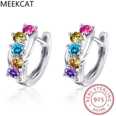 Boucles d'oreilles créoles en argent sterling 925 véritable avec zircone arc-en-ciel pour femmes, bijoux fins élégants et tendance argenté