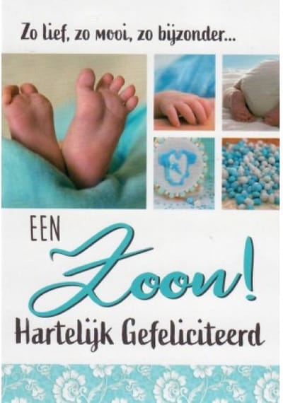 Een zoon! Hartelijk gefeliciteerd! Zo lief, zo mooi, zo bijzonder… Een kaart met diverse afbeeldingen van babyvoetjes een babyluier, beschuit met muisjes en een babyhandje. Een dubbele wenskaart inclusief envelop en in folie verpakt.
