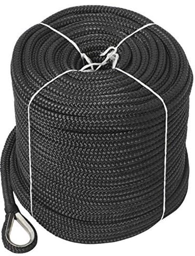 3/8" x 200' Dubbele Vlecht Nylon Ankerlijn met Roestvrij Stalen Vingerhoedje - Zwart