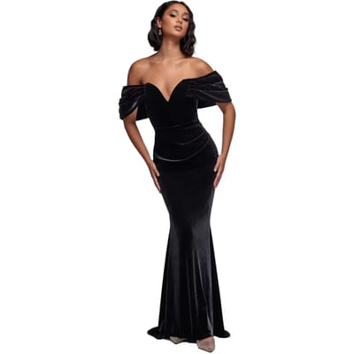 Vrouwen fluwelen jurk Goddiva Off The Shoulder Deep Plunge Maxi