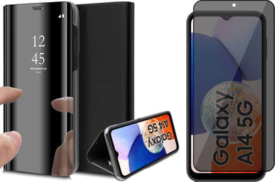 Hoesje geschikt voor Samsung Galaxy A14 - Privacy Screen Protector FullGuard - Book Case Spiegel Zwart & Screenprotector