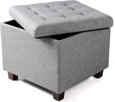 Bolt Edge Poef Deluxe - Lichtgrijs Stof - Voetenbank met Opbergruimte - Opbergbox Hocker - Zitkist met Deksel - 45x45x41cm