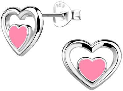Joy|S - Zilveren hartje oorbellen - 10 x 9 mm - zilver hart met daarin een roze hartje - gepolijst - oorknoppen met vlindersluiting