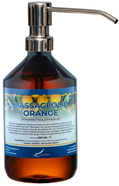 Massageolie Orange 500 ml met zilveren pomp - 100% natuurlijk - biologisch en koud geperst