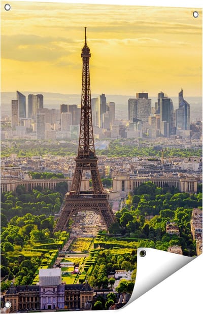 Gards Tuinposter Skyline van Parijs met de Eiffeltoren - 60x80 cm - Tuindoek - Tuindecoratie - Wanddecoratie buiten - Tuinschilderij