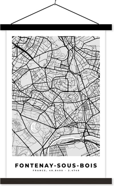 Posterhanger incl. Poster 40x60 cm - Schoolplaat - Plattegrond - Kaart - Stadskaart - Frankrijk - Fontenay-sous-Bois - Textielposter - Zwarte latten - Stadskaart