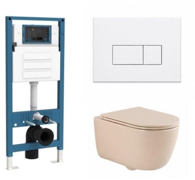 QeramiQ Dely Swirl Toiletset - inbouwreservoir Qeramiq Flush - slim zitting - metaal mat witte bedieningsplaat - rechthoekige knoppen - beige