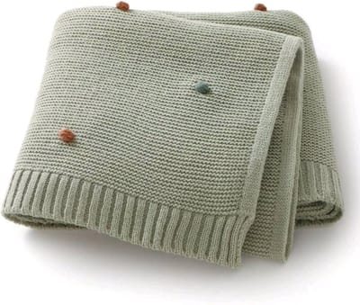 Gebreid babydeken groen met knots - gebreid babydeken - gebreid wiegdeken - groene deken ledikant - gebreid katoenen babydeken - zacht gebreid deken baby