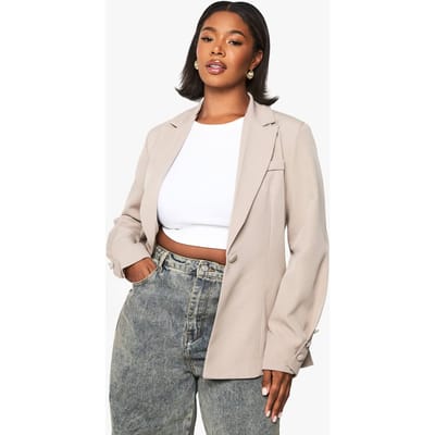 boohoo Dames Plus geweven op maat gemaakte blazer met eigen stof en knoopdetail | Paddestoel | Maat: 46