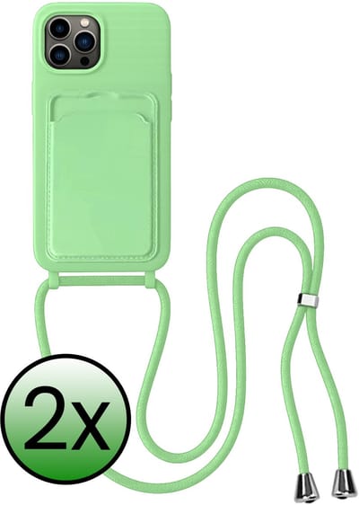 Hoes Geschikt voor iPhone 13 Pro Hoesje Pas Houder Case Hoes Met Koord - Hoesje Geschikt voor iPhone 13 Pro Hoes Met Telefoonkoord Pasjeshouder Cover - Groen - 2 Stuks