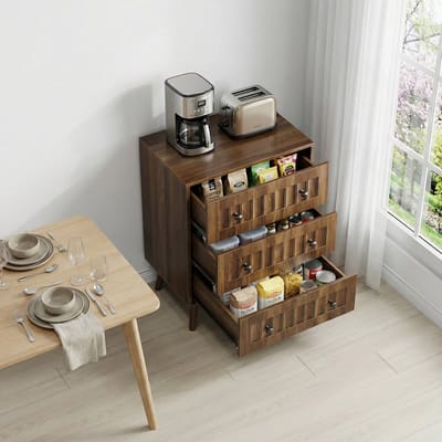OKWISH Ladekast – 60×40×79 cm – 3 Lades – Opbergkast Voor Slaapkamer Hal En Woonkamer – Verticale Groeven – MDF Walnoot