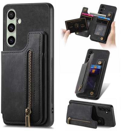 Silicone TPU en kuntleer kickstand retro zwart back cover hoesje case met rits - pasjeshouder - telefoonhoesje geschikt voor de Samsung Galaxy A26