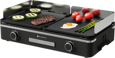 KitchenBrothers Elektrische Grillplaat - Bakplaat met Temperatuurregeling - Plancha - Gourmet - Tafelgrill - 2400W - 30,5x52 cm - Zwart