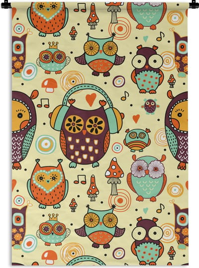 Wandkleed - Wanddoek - Uil - Koptelefoon - Patroon - 60x90 cm - Wandtapijt