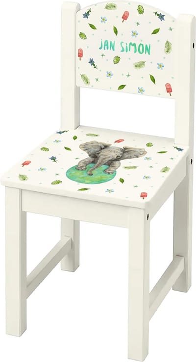 World of Mies kinderstoeltje met naam - Houten stoel olifant - wit Sundvik model - hoogwaardige kleurenprint in het hout - handgeschilderd design door Mies