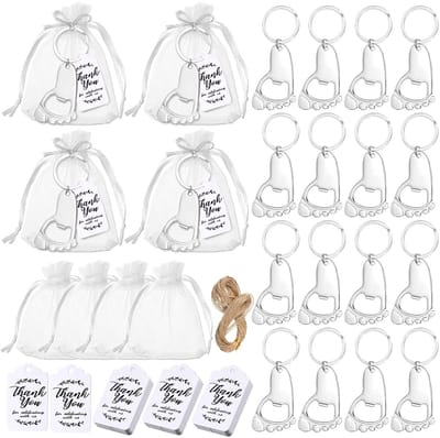 Dailygoods- Voetafdruk Sleutelhanger 24 Sets - Babyshower Cadeaus - Flesopener - Organza Zakken - Dank Tags - Multifunctioneel - Feestcadeau