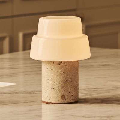 Tavellio Pissaro Draadloze Tafellamp – H15 – Travertino Classico Marmer en Glas – Tot 100 uur – Beige