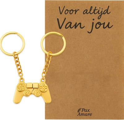 Koppel Sleutelhanger voor 2 'Voor altijd van jou' - Controller - Sleutelhanger set op Cadeau Kaartje - Goudkleurig - Persoonlijke Hanger - Pax Amare