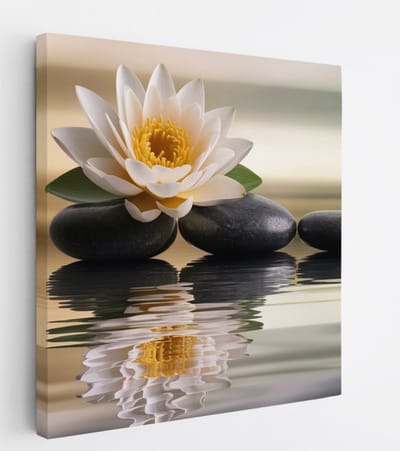 Saammp Canvas Schilderij - Lotusbloem op steen - Landschap - Natuur - 20x20 - Foto op canvas - Wanddecoratie - Muurdecoratie Woonkamer - Slaapkamer decoratie - Canvas Print