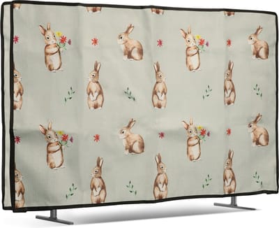 kwmobile stoffen beschermhoes televisie - TV-hoes geschikt voor 32" TV - Afdekhoes van linnen - In wit / bruin / grijsgroen Konijntjes en Bloemen design
