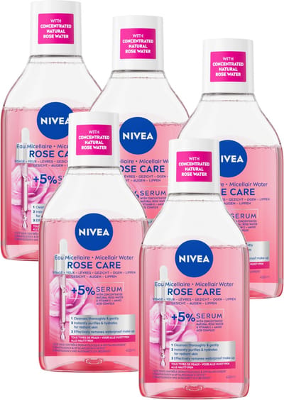 NIVEA Rose Care Micellair Water voor Gezicht & Ogen - met Bio Rozenwater & Serum - Cleanser - Make up Remover - Reinigingswater- Voordeelverpakking - 5x 400ml