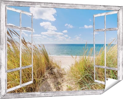 Gards Tuinposter Doorkijk Strand en Zee vanuit Duinen - 150x100 cm - Tuindoek - Tuindecoratie - Wanddecoratie buiten - Tuinschilderij