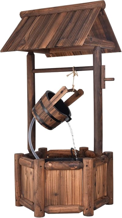 KOMFOTTEU Tuinfontein van dennenhout decoratieve houten fontein met waterval en waterpomp wensfontein met dak voor tuin binnenplaats balkon en terras 59 × 56 × 115 cm bruin