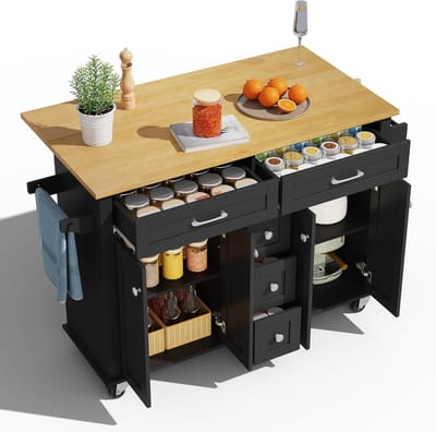 Multifunctionele keukentrolley met uitklapbaar werkblad en kruidenrek: zwart keukeneiland met 5 laden, 2 kasten en 5 wielen, 140 x 40 (65) x 89 cm voor optimale keukenopslag en werkruimte