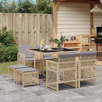 vidaXL - 9-delige - Tuinset - met - kussens - poly - rattan - beige