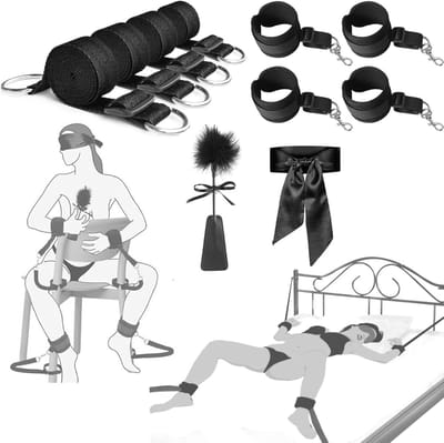 DOWO® - BDSM Bed Bondage Set - 10 Delig - SM Handboeien - Bedboeien - Enkelboeien - Springzweep - Blinddoek - Sex Toys voor Koppels - Seksspeeltjes voor mannen en vrouwen