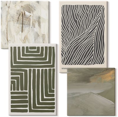 Wallfluent Set van canvas schilderijen - Patronen van lijnen en vormen in tinten groen Canvas Schilderijen Set - Set van 4 Canvas Schilderijen - Groente Set van Canvas Prints - Abstractie Canvas Kunst Set - Boheemse Canvas Kunst Set