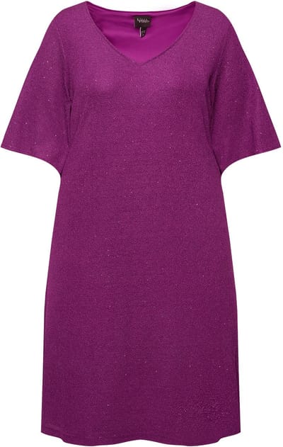 Ulla Popken - Dames - Jurk glittereffect A-lijn V-hals 3/4-mouwen - Moerbei - Maat 46+