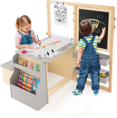 COSTWAY 6-in-1 kinderschilderset, staand bord van hout met dubbelzijdig krijtbord, whiteboard en papierrol, kinderbord in hoogte verstelbaar met bank, planken voor kinderen vanaf 3 jaar (grijs)