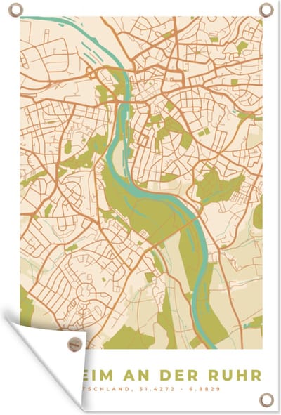 Muurdecoratie Vintage - Mülheim an der Ruhr - Kaart - Plattegrond - Stadskaart - 120x180 cm - Tuinposter - Tuindoek