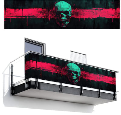 Balkonscherm 500x120 cm - Balkonposter Schedel - Cyberpunk - Neon Rood - Balkon scherm decoratie - Balkonschermen - Balkondoek zonnescherm