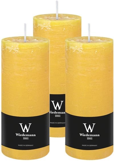Wiedemann Cilinderkaars/stompkaars - 3x - rustieke kaars - okergeel - 7 x 16 cm - 66 branduren