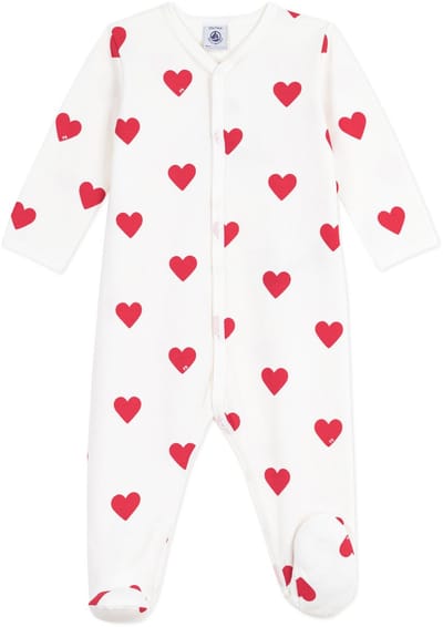 Petit Bateau Babypyjama van geruwde fleece met kraag en hartjesprint Meisjes Boxpak - Wit/Rood