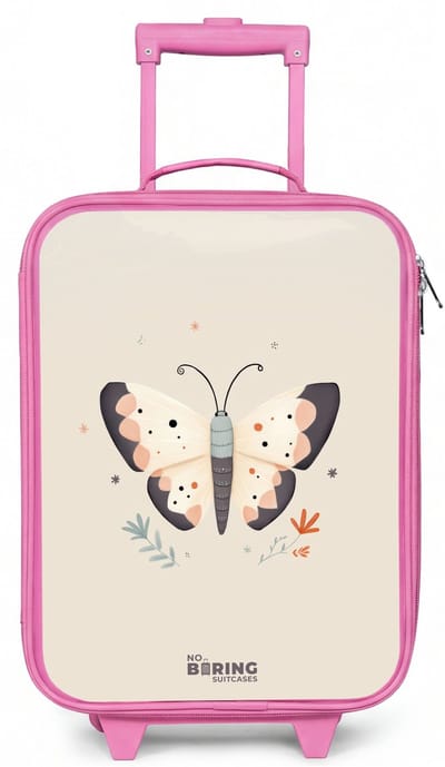 NoBoringSuitcases.com® - Kinderkoffer roze - Kindertrolley meisje - Vlinder in neutrale pastel kleuren - Koffer kind lichtgewicht - Reiskoffer trolley voor kinderen - Koffertje met lichtgevende wieltjes - Rolkoffer