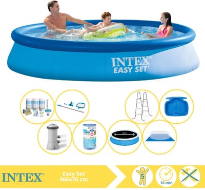 Intex Rond Opblaasbaar Easy Set Zwembad - 366 x 76 cm - Blauw - Inclusief Pomp - Solarzeil - Onderhoudspakket - Filter - Grondzeil - Schoonmaakset - Ladder - Voetenbad - 9-delig