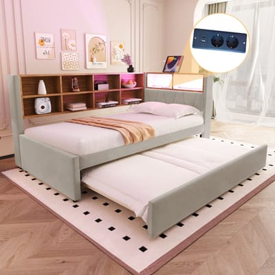 DESMIU Slaapbank 90x200cm – Uittrekbed Met LED-Verlichting En Laadpoorten – Opbergruimte Met Meerdere Vakken – Voor Slaapkamer – Flanel – Lichtgrijs – Zonder Matras