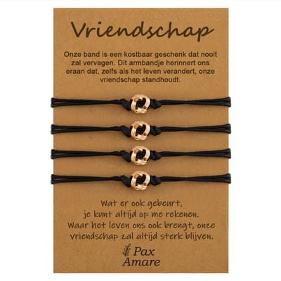 Vriendschapsarmbandjes voor 4 "Vriendschap" - Knoopjes - BFF Armbandjes met Cadeau Kaartje - Goudkleurig - Elastisch Verstelbaar - Pax Amare