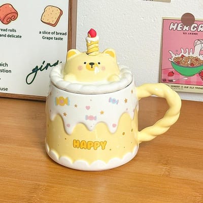 Mug en Céramique avec Couvercle Tasse Cartoon Cadeau d'Anniversaire pour Femmes Tasse à Café de Bureau Tasse à Eau Ménagère Boîte Cadeau Créative 301-400ml
