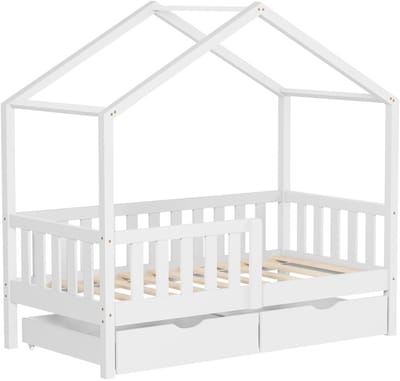 Kinderbed Huisbed met 2 laden 70x140 cm wit gemaakt van dennenhout Houten bed met dak en lattenbodem ML design